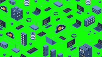 Isometric data network management animation. Cloud storage data and synchronization of devices. Networking, database, cloud storage. Isometric technology. 4K animated. video