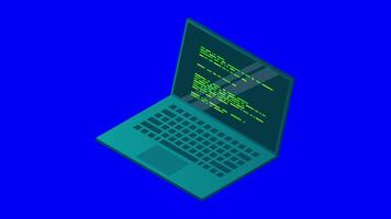 isométrico computador portátil animação. 3d isométrico computador portátil computador. abstrato programação língua e programa código em uma computador portátil tela. isométrico tecnologia. 4k animado dentro isométrico estilo. video