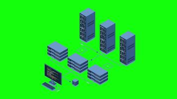 isométrico monitoramento grande dados armazenamento animação. dados transmissão tecnologia. conectados hospedagem tecnologia conceito. isométrico tecnologia. 4k animado video