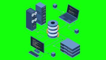 isométrico moderno nuvem base de dados e trabalho em rede animação. computador serviço tecnologia. supercomputador. isométrico tecnologia. 4k animado dentro isométrico estilo video