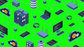 isométrico dados rede gestão animação. nuvem armazenamento dados e sincronização do dispositivos. rede, base de dados, nuvem armazenar. isométrico tecnologia. 4k animado, video