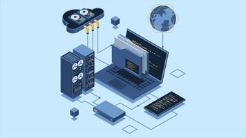 isometrisk moln autentisering systemet med bärbar dator animation. moln teknologi datoranvändning begrepp. moln databas. internet data tjänster. 4k animerad i isometrisk stil. video