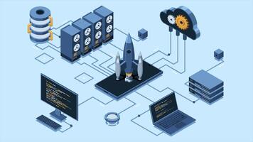isométrico o negócio comece animação. o negócio comece equipe lançamento foguete com computador e servidor. comece seu projeto. lançamento conceito. 4k animado dentro isométrico estilo. video