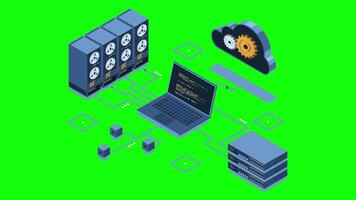 isométrico nuvem tecnologia Informática animação. nuvem armazenar. isométrico rede com computador, computador portátil, e servidor. isométrico tecnologia. 4k animado dentro isométrico estilo video