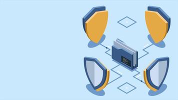 isometrisk mapp med skydda animation. data skydd. mapp säkerhet. säker dokument och mapp. isometrisk teknologi. 4k animerad i isometrisk stil. video
