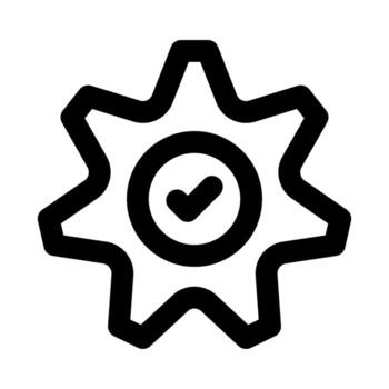 engranaje con marca de verificación icono en moderno plano contorno estilo ilustrando ajustes confirmación, sistema aprobación, y configuración terminación concepto vector