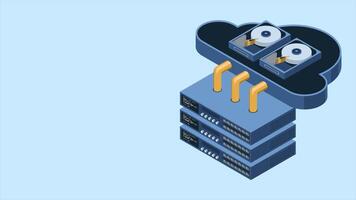 Isometric cloud computing animation. Isometric server. Server network equipment. Computer network technology. Web hosting concept. Isometric technology. 4K animated in isometric. video