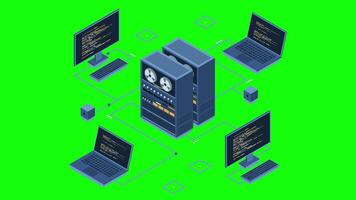 Isometric server connecting computers animation. Network connection. Computing internet digital technology. Web hosting concept. Isometric technology. 4K animated in isometric style video