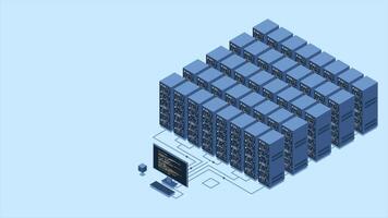 isometrisk övervakning stor data lagring animation. data överföring teknologi. uppkopplad värd teknologi begrepp. isometrisk teknologi. 4k animerad i isometrisk stil, video