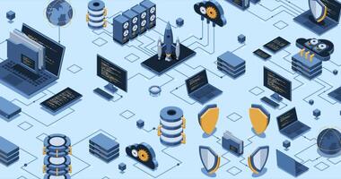 isometrische gegevens netwerk beheer animatie. wolk opslagruimte gegevens en synchronisatie van apparaten. netwerken, databank, wolk opslag. isometrische technologie. 4k. video