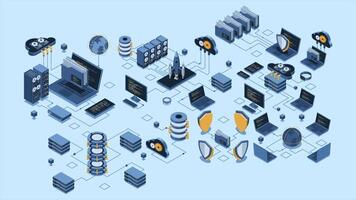 isometrisk data nätverk förvaltning animation. moln lagring data och synkronisering av enheter. nätverk, databas, moln lagring. isometrisk teknologi. 4k video