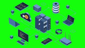 isométrico nuvem tecnologia com servidor animação. isométrico servidor e hospedagem armazenamento tecnologia. rede hospedagem conceito. isométrico tecnologia. 4k animado video