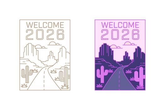 Two desert scenes welcome visitors to 2026 with cacti and mountains. vector