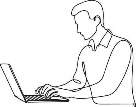 Continuous line drawing of man using laptop vector