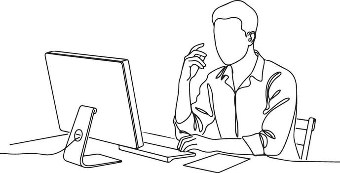 A man is sitting at a desk with a computer and a phone vector