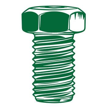 Green bolt illustration showing detailed threads and hexagonal head for engineering or art uses vector