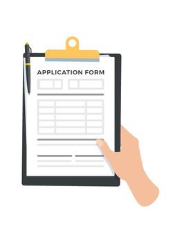 Application form. Hand hold clipboard with form document and pen on it stock illustration vector