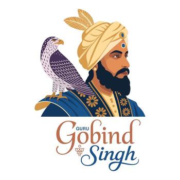 Modern Flat Art of Guru Gobind Singh Ji with Khanda Symbol. vector