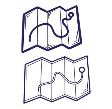 Hand-drawn outline illustration of two folded travel maps with route markers and a simple design. vector