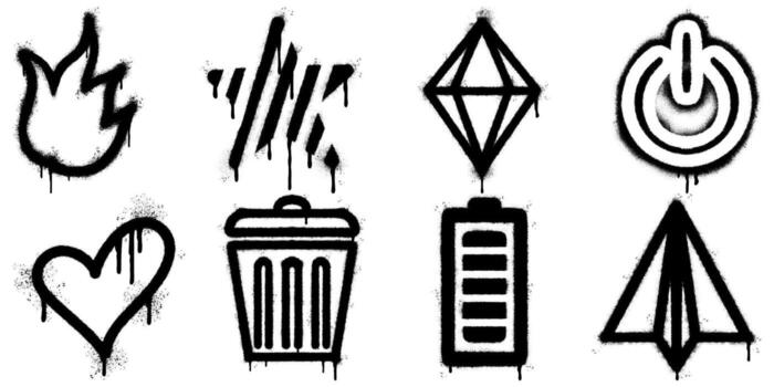 collection of black and white graffiti style icons sprayed with stencil art. Includes symbols such as fire, heart, battery, power, trash can, paper plane, and geometric shapes. vector