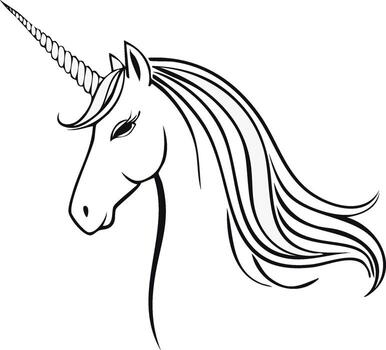 Elegant mythical unicorn head with flowing mane and twisted horn line art vector