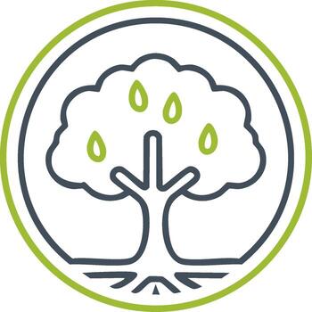 Modern line art icon of a fruit tree with roots in a circular emblem symbolizing growth and ecology vector
