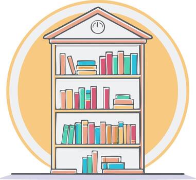 Illustrated Bookshelf with Assorted Books, Creative Learning Concept, Minimalist Design, Home Library with Knowledge Resources vector