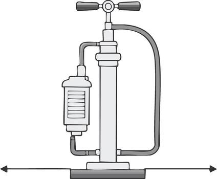 Outline drawing of a manual air pump with a handle, flexible hose, and an attached gauge or filter component. vector