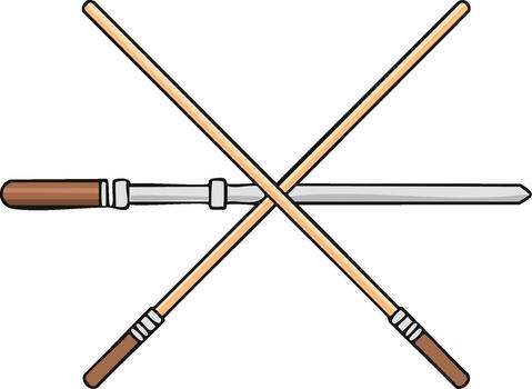 Cartoon rendition of crossed wooden staffs over a grey weapon with a brown handled tool isolated for use in art, design and gaming assets vector