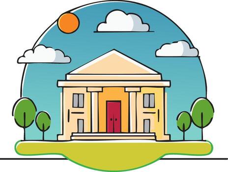 Stylized Classical Building with Sun, Clouds, and Trees vector