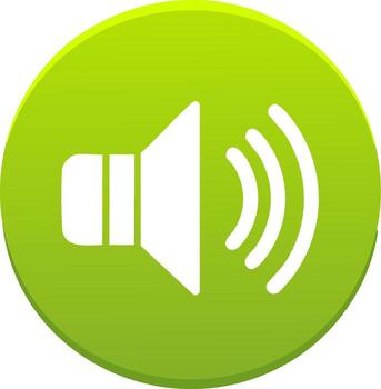 Green glossy circular button with a white speaker and sound wave icon for volume control user interface element vector