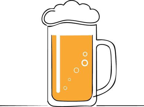 Single Line Art of Refreshing Mug of Beer with Foam and Bubbles on a Minimalist Scene vector