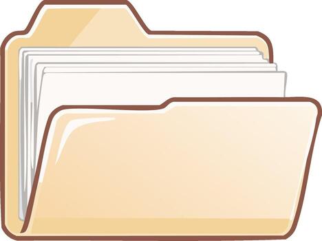 Open beige file folder containing documents and papers for office organization and data storage vector