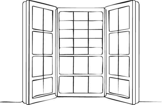 Stylized Open Window Frame with Multiple Panes in Line Art Depiction, Architectural Design Element in Outlined Style vector
