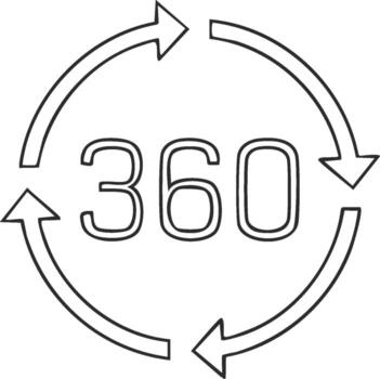 360-degree rotation symbol with arrows indicating circular motion vector