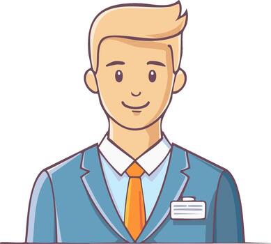 Cartoon illustration of a smiling man in a suit with a tie and a name tag, embodying service and professional appearance. vector