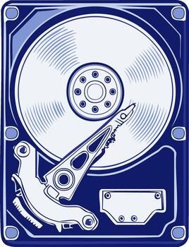 Illustration of a computer hard drive disc with internal components and details vector