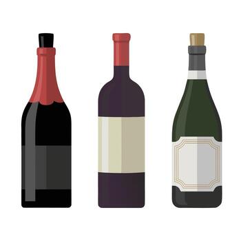 Premium product image of three wine bottles a dark bottle with red wax seal, a classic red bottle with cream label, and a green sparkling bottle for branding and packaging use. vector