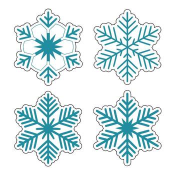 Stylized 2x2 grid of unique snowflake icons with symmetrical winter patterns, ideal for seasonal decor, educational visuals, and clean graphic design assets vector