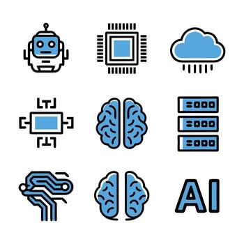 Modern AI and robotics icons featuring brain, robot, microchip, cloud computing, and circuit symbols for technology presentations and digital innovation concepts vector