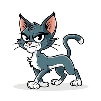 Cartoon sly cat character with a mischievous expression walking confidently on a white background for playful animal illustrations and mascot designs vector