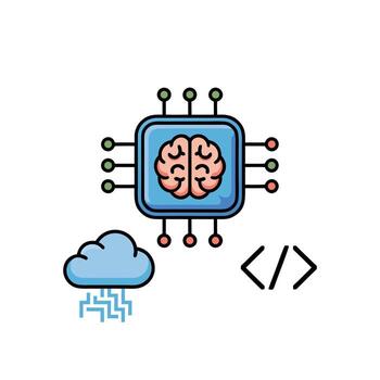 Artificial intelligence concept illustration featuring brain inside microchip with cloud computing and coding symbols for modern technology and machine learning design vector