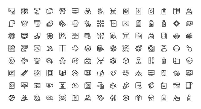 Print Production Outline Icon Set with sleek, editable, and pixel-perfect designs ideal for print shops and publishing industries. vector