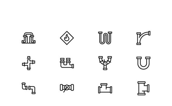 Pipeline Infrastructure and Mechanical Parts Icons featuring flanges, couplings, pressure gauges, and industrial joints in clean linear form. vector