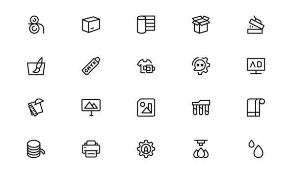 Graphic Printing and Press Icon Pack showcasing simple, modern line illustrations for creative design workflows and digital art. vector