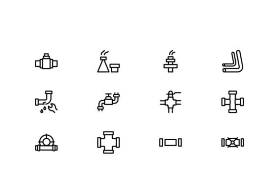 Petroleum Transport and Energy Structure Icons showing pipeline routes, pumping units, storage cylinders, and monitoring instruments in outline. vector