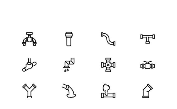 Oil And Gas Piping Components Pipeline Infrastructure and Mechanical Parts Icons featuring flanges, couplings, pressure gauges, and industrial joints in clean linear form. vector