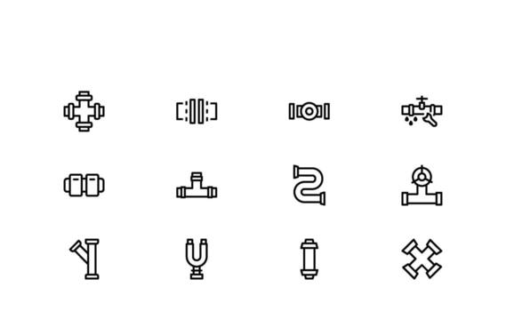 Industrial Process and Engineering Piping Icon Set optimized for CAD blueprint visuals and technical documentation in consistent line weight. vector