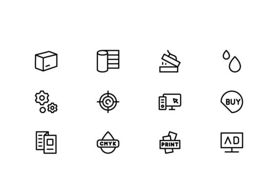 Unique Printing Industry Line Icon Publishing and Print Media Line Icons crafted in a clean, minimal style perfect for books, magazines, and advertising projects. vector