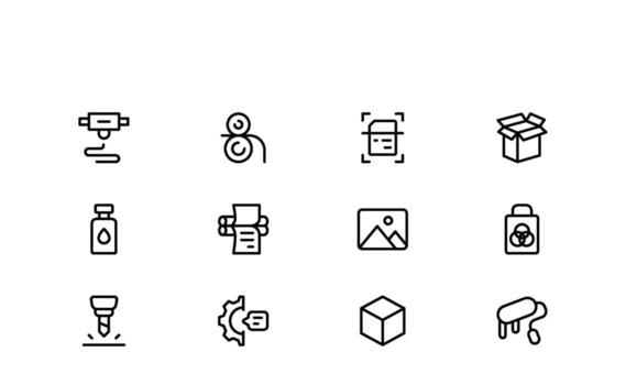Unique Printing Industry Line Icon Printing Equipment and Process Line Icon Set with detailed, minimal symbols representing printers, ink, and paper elements. vector